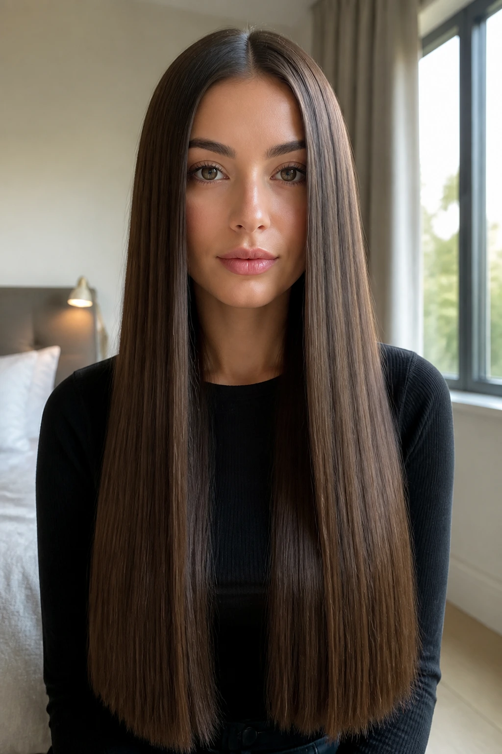 Close-up of a real woman with ultra-long blunt cut hair past the chest, centered part, in warm window light