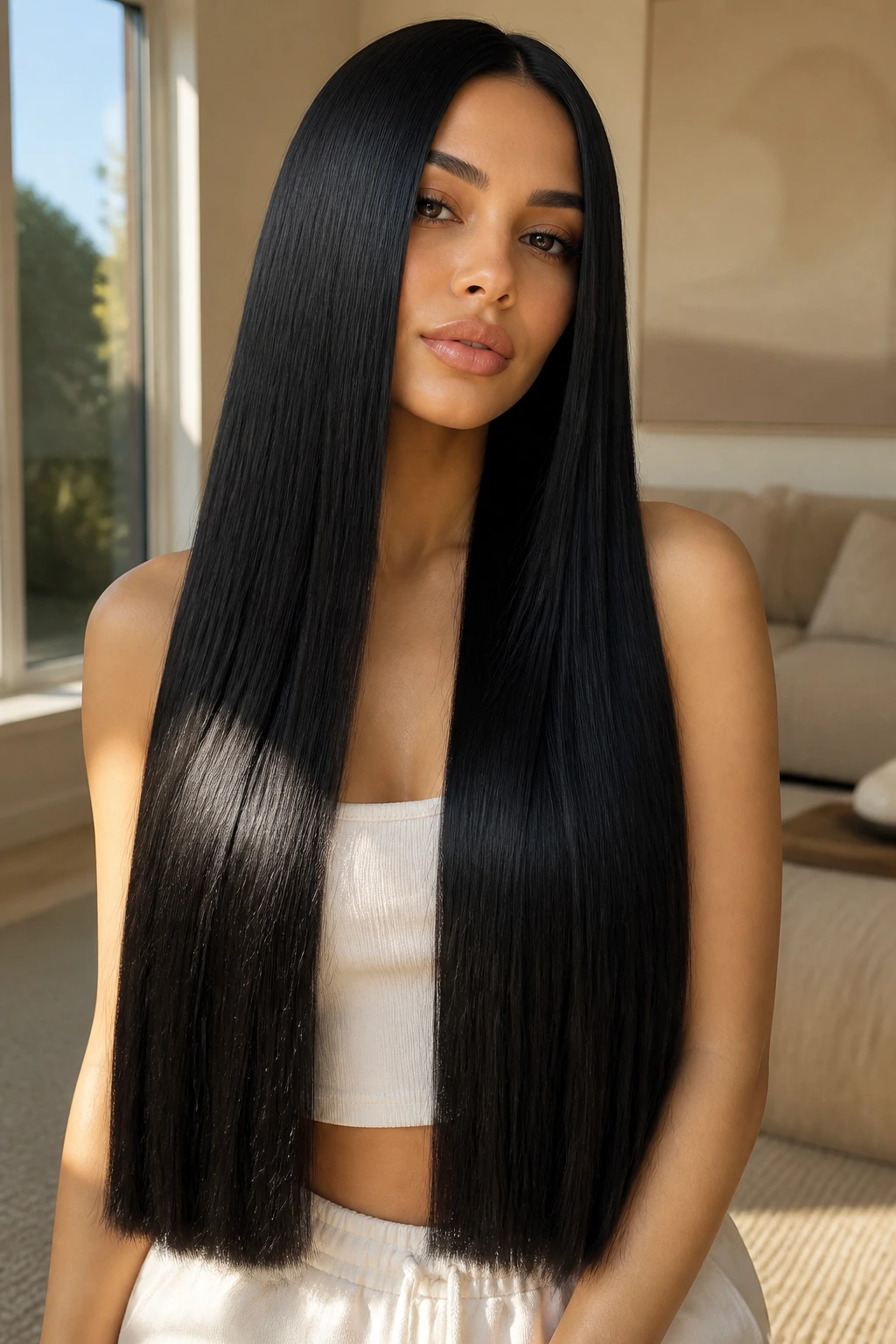Close-up of a real woman with waist-length sleek blunt-cut hair in warm window light.