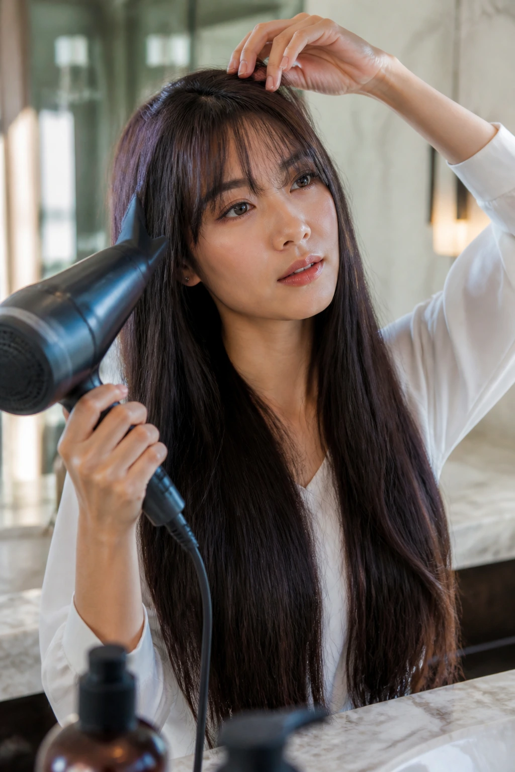 Real person with ultra-long hair and fringe in a bathroom setting