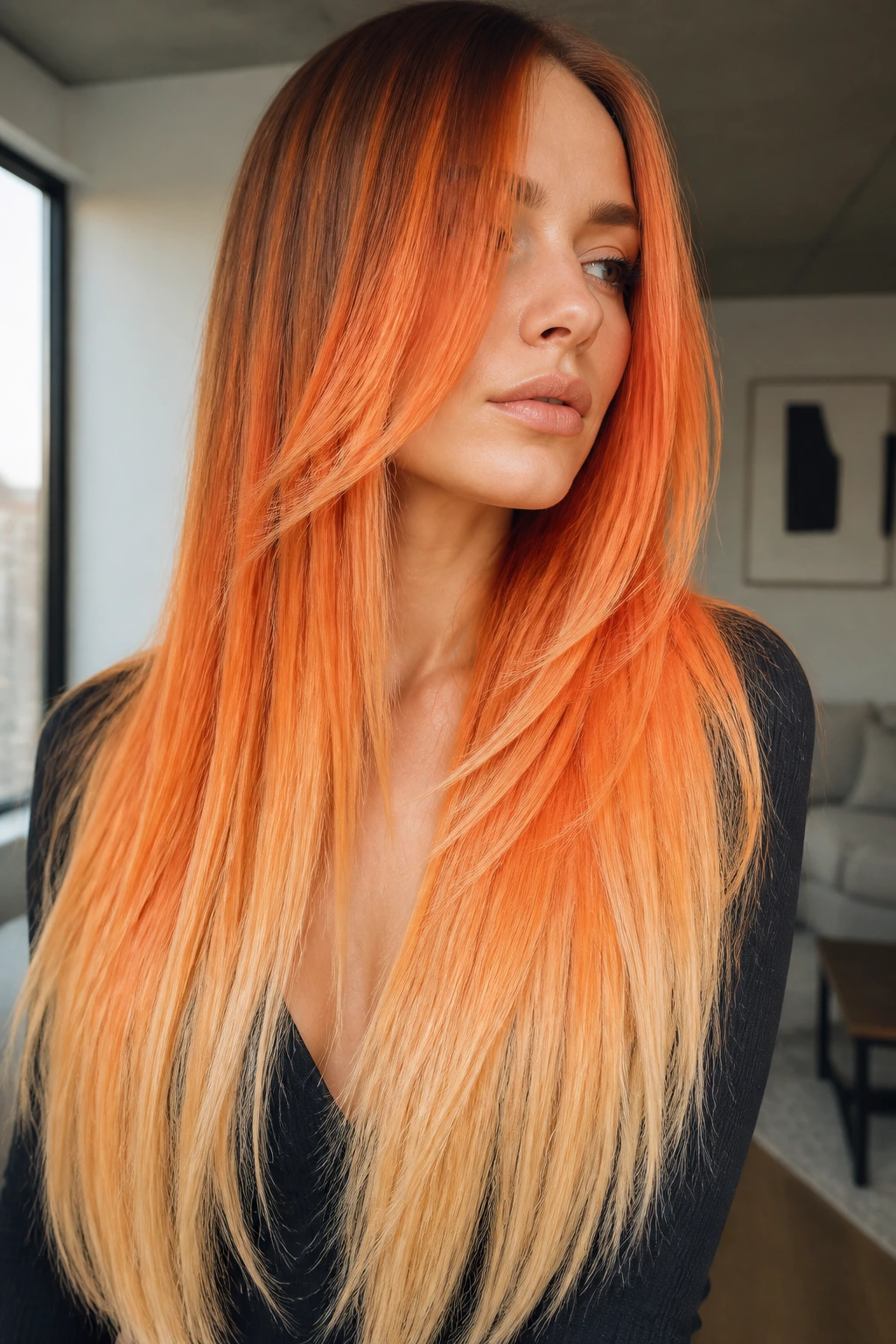Close-up portrait of a real woman with ultra-long layered creamsicle orange hair