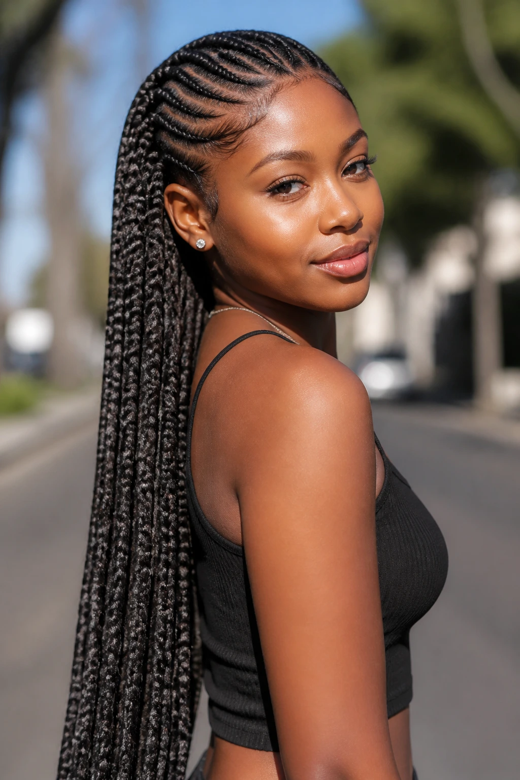 Real woman with ultra-long waist-length lemonade braids