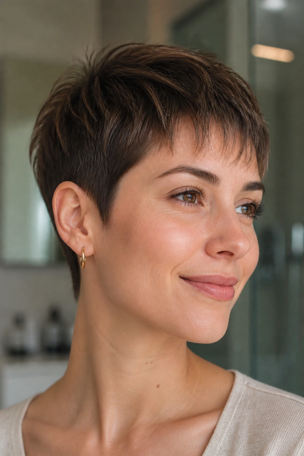 Portrait of real person with ultra-short boy cut and wispy top.