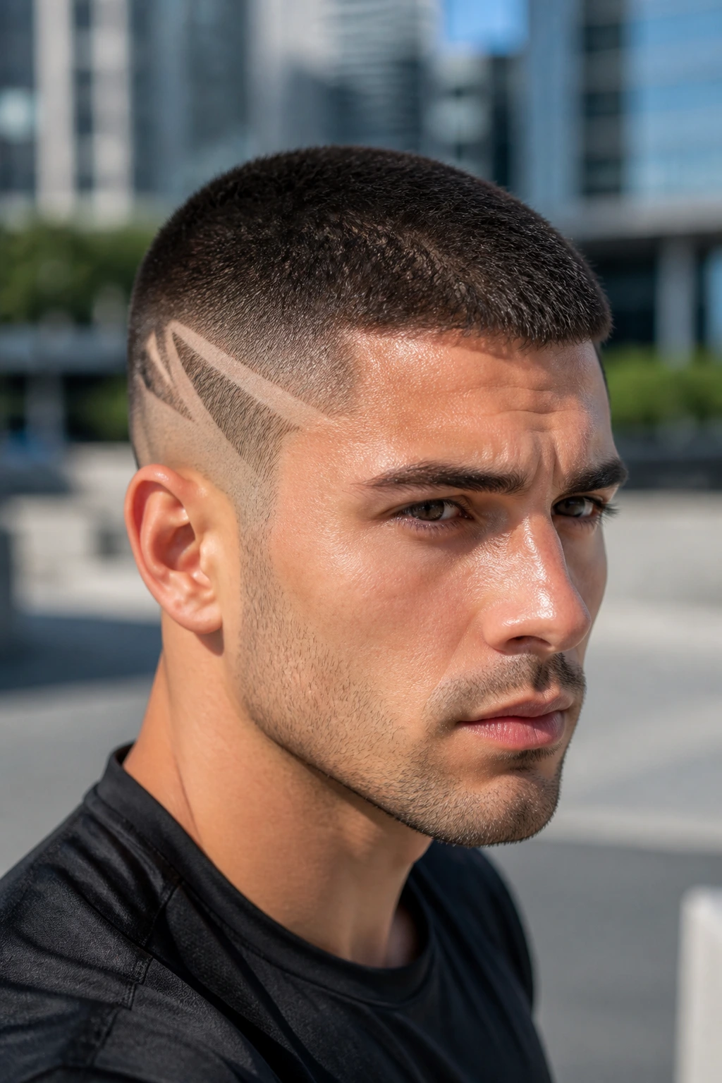 Close-up portrait of a man with an ultra-short crew cut and shaved temple designs in an urban setting.