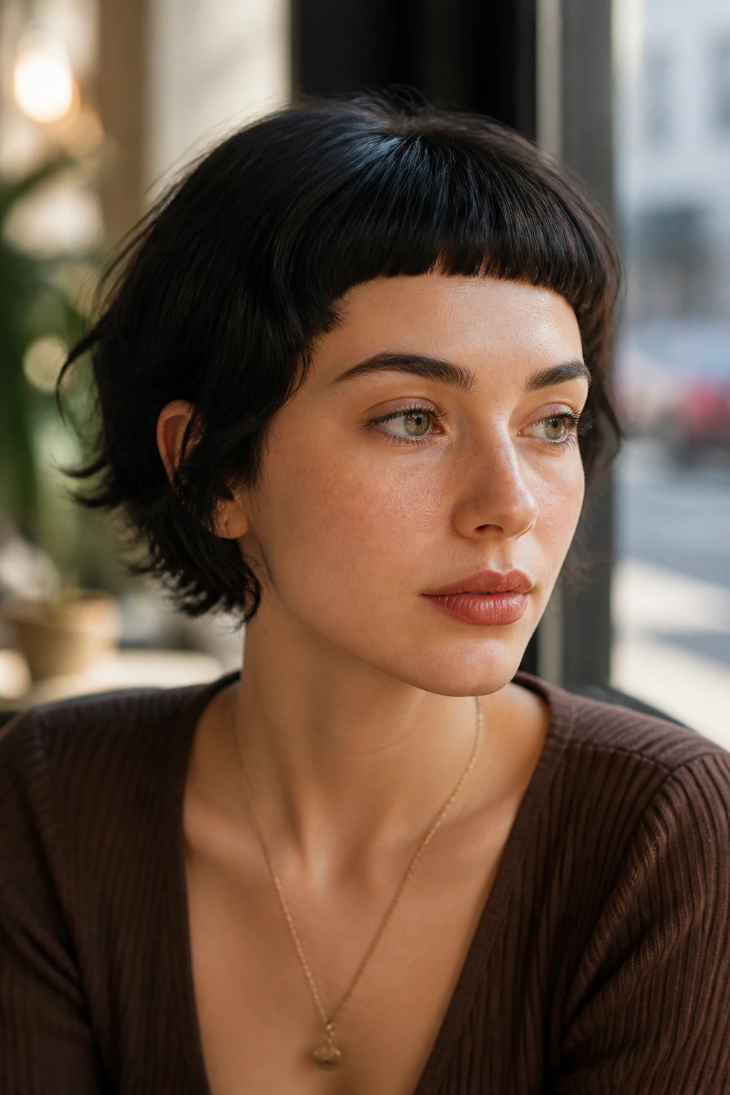 Portrait of real person with ultra-short curved baby bangs in cafe window light