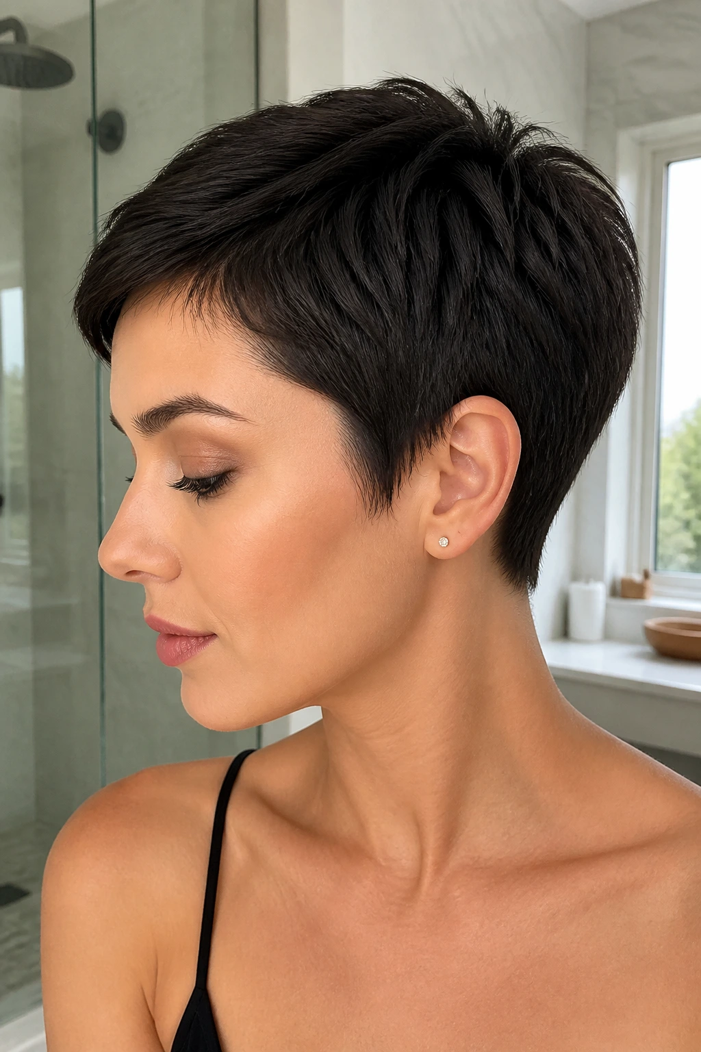 Close-up of a person with an ultra-short minimalist wedge haircut