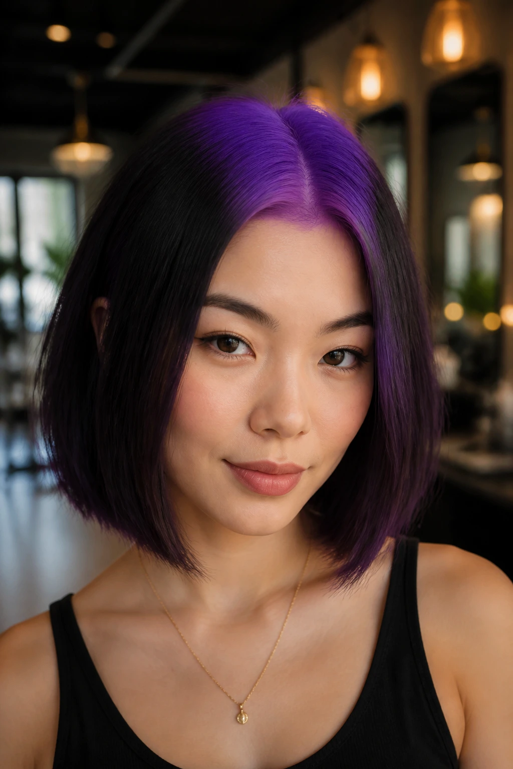 Close-up of a real person with ultra-violet roots at the scalp in a salon setting