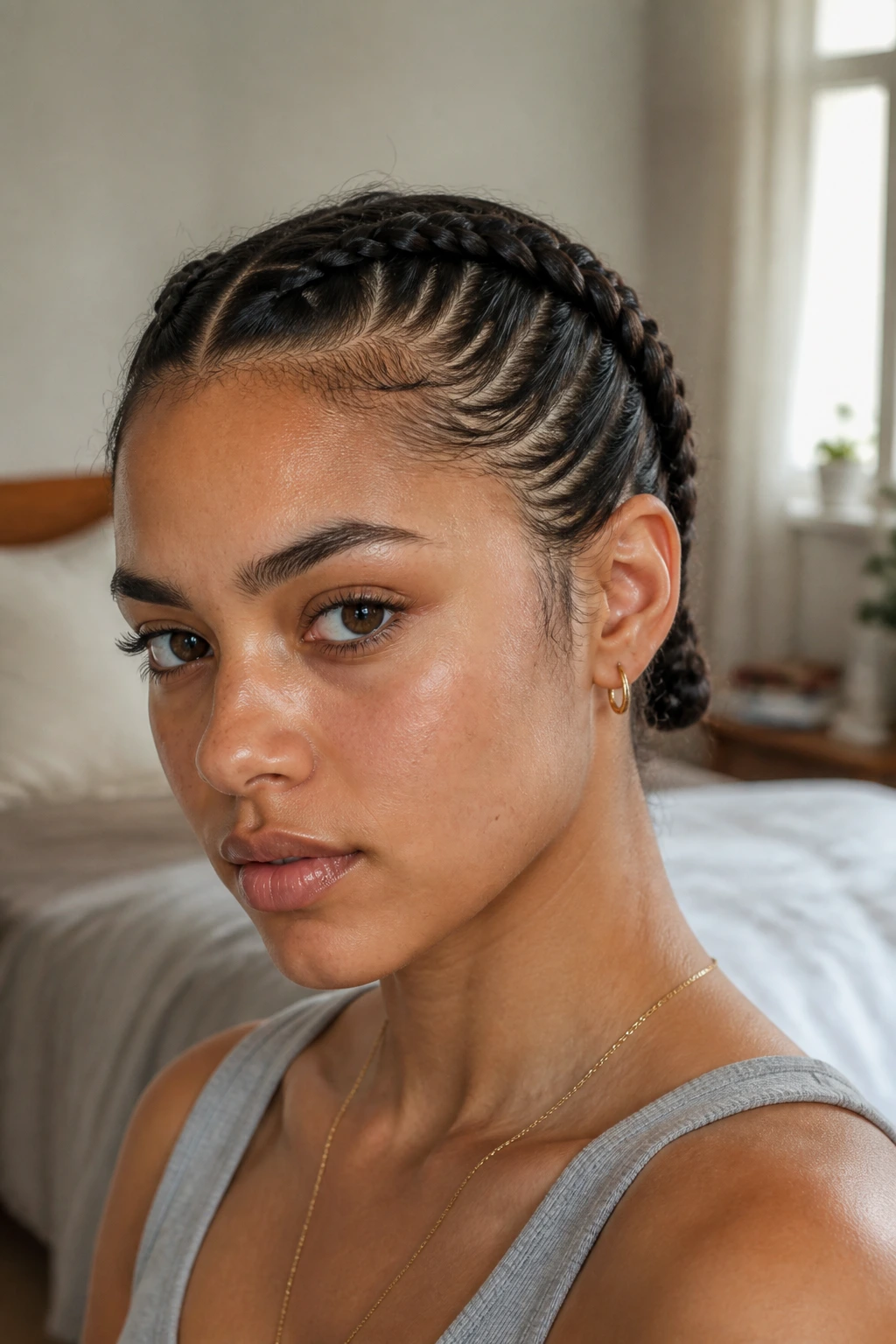 Close-up of a real woman with flat under-braids along the scalp from crown to nape