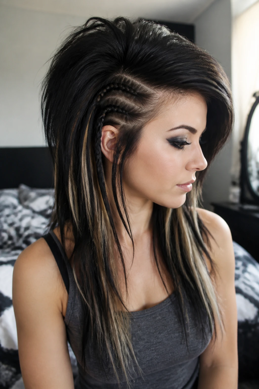 Three-quarter view of a real person with braids under a voluminous top layer