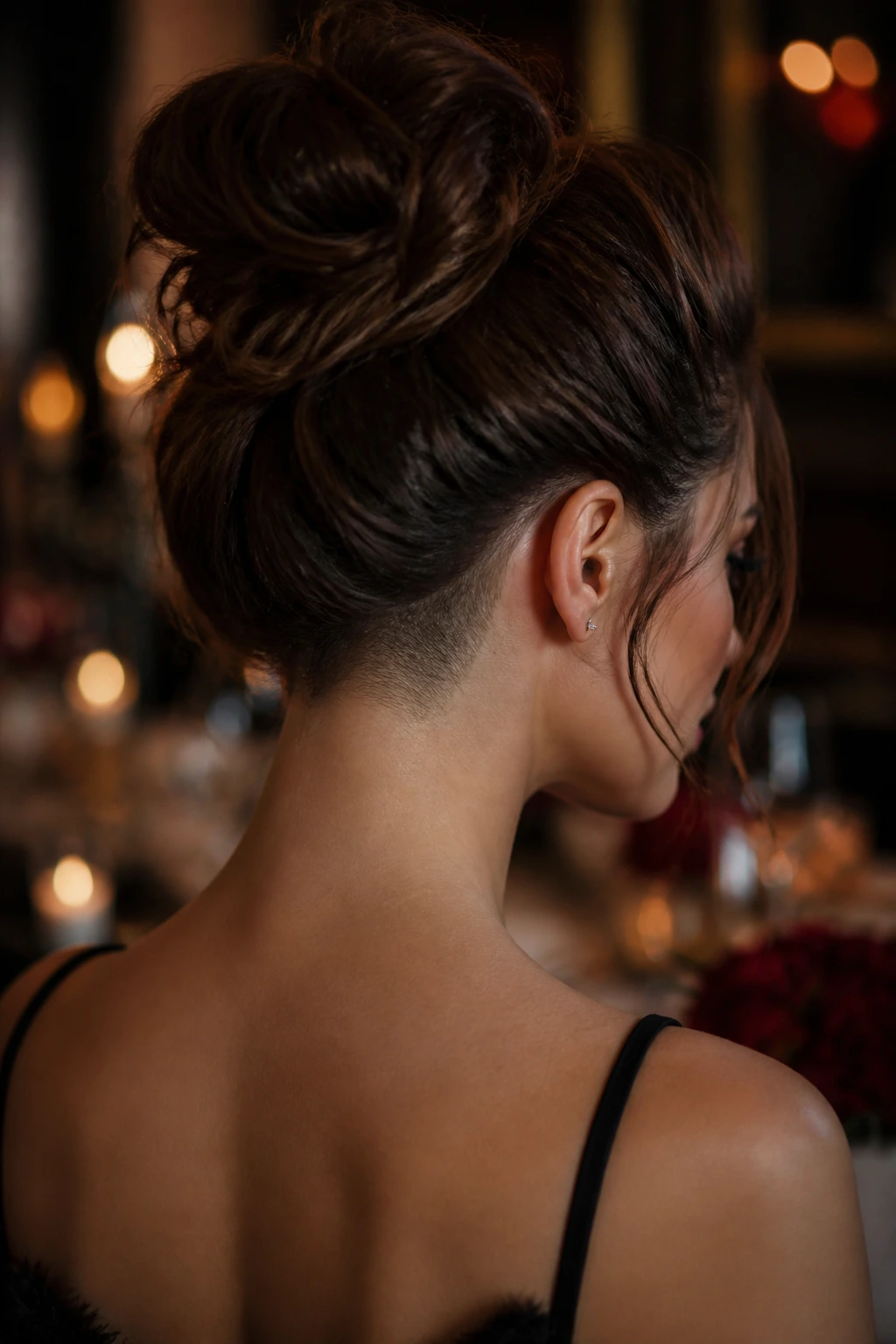 Portrait showing a low-nape shave revealed when hair is up.