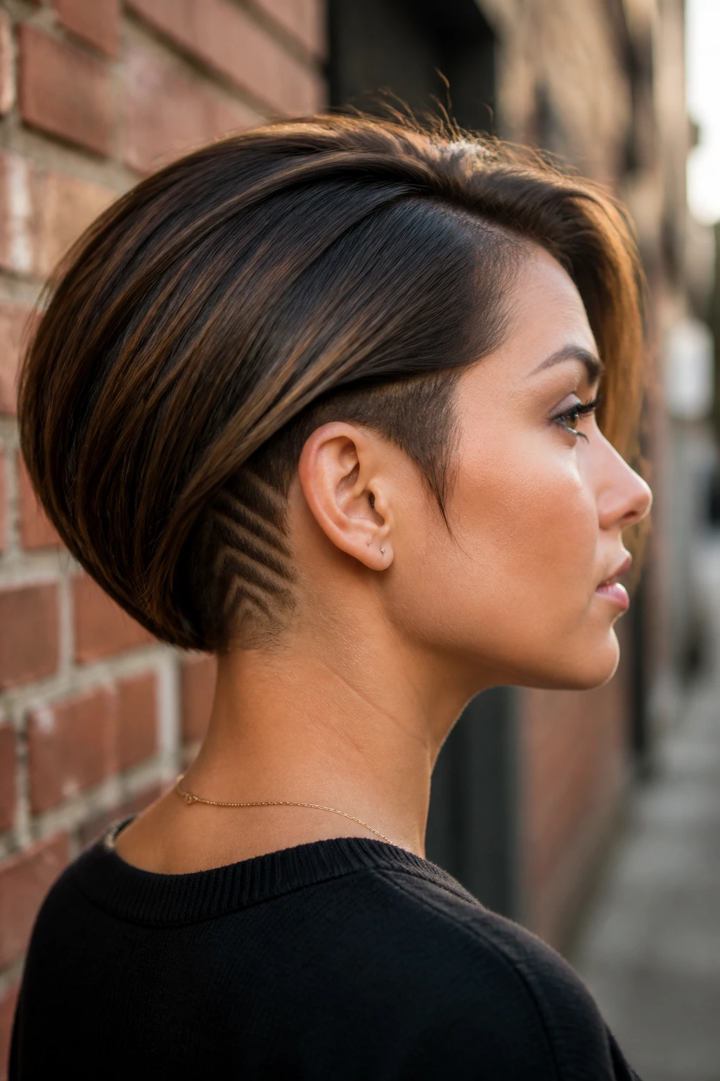 Profile of real woman with undercut detail at nape of angled bob