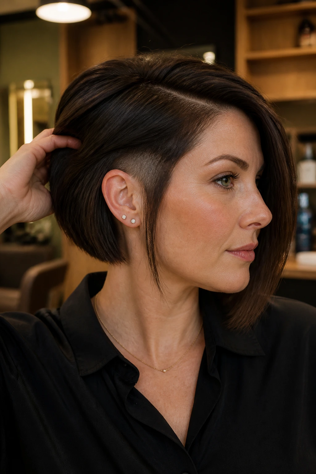 Close-up portrait of a real woman with undercut angled bob