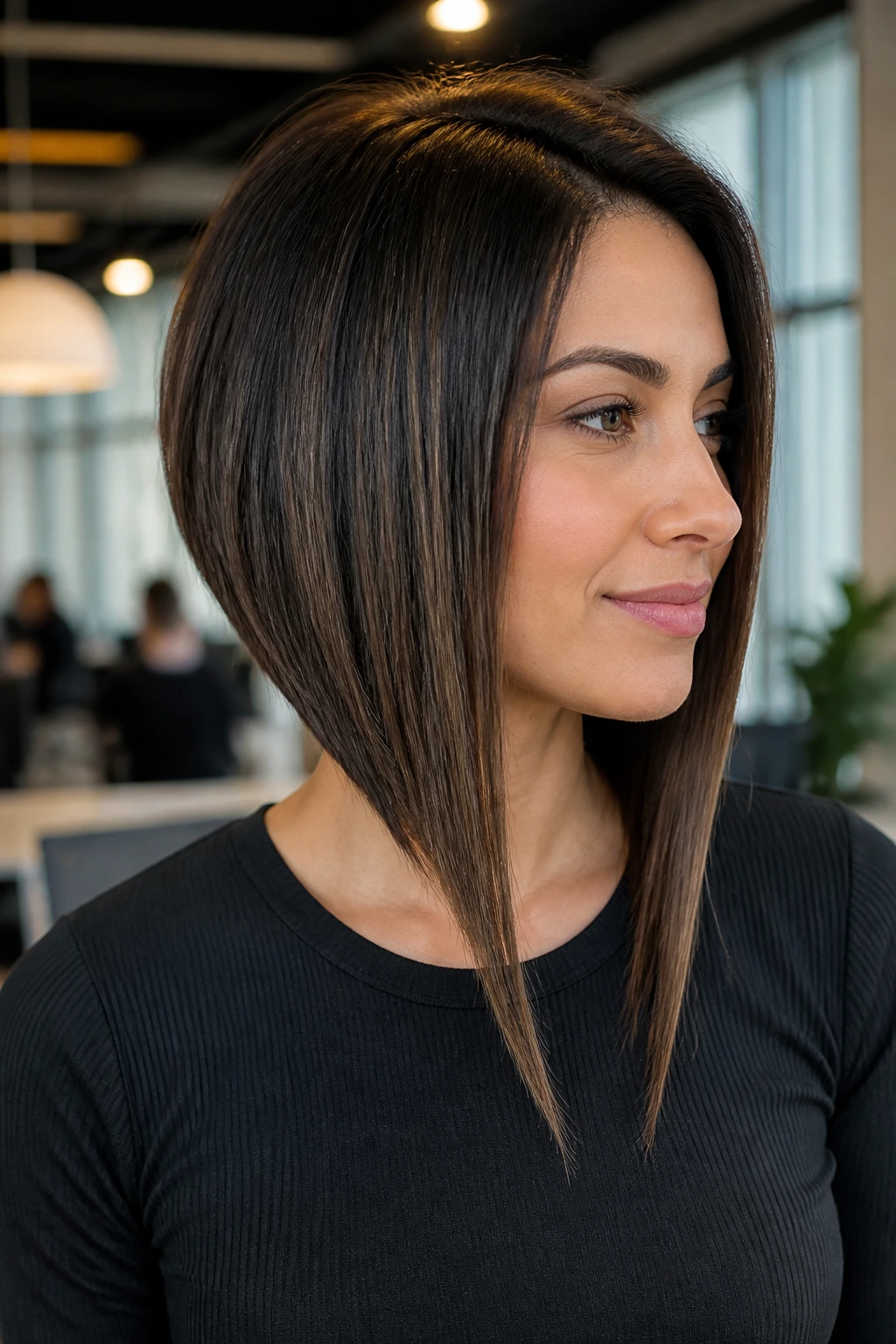 Close-up of a real person displaying an undercut-supported angled hairstyle in a modern workspace