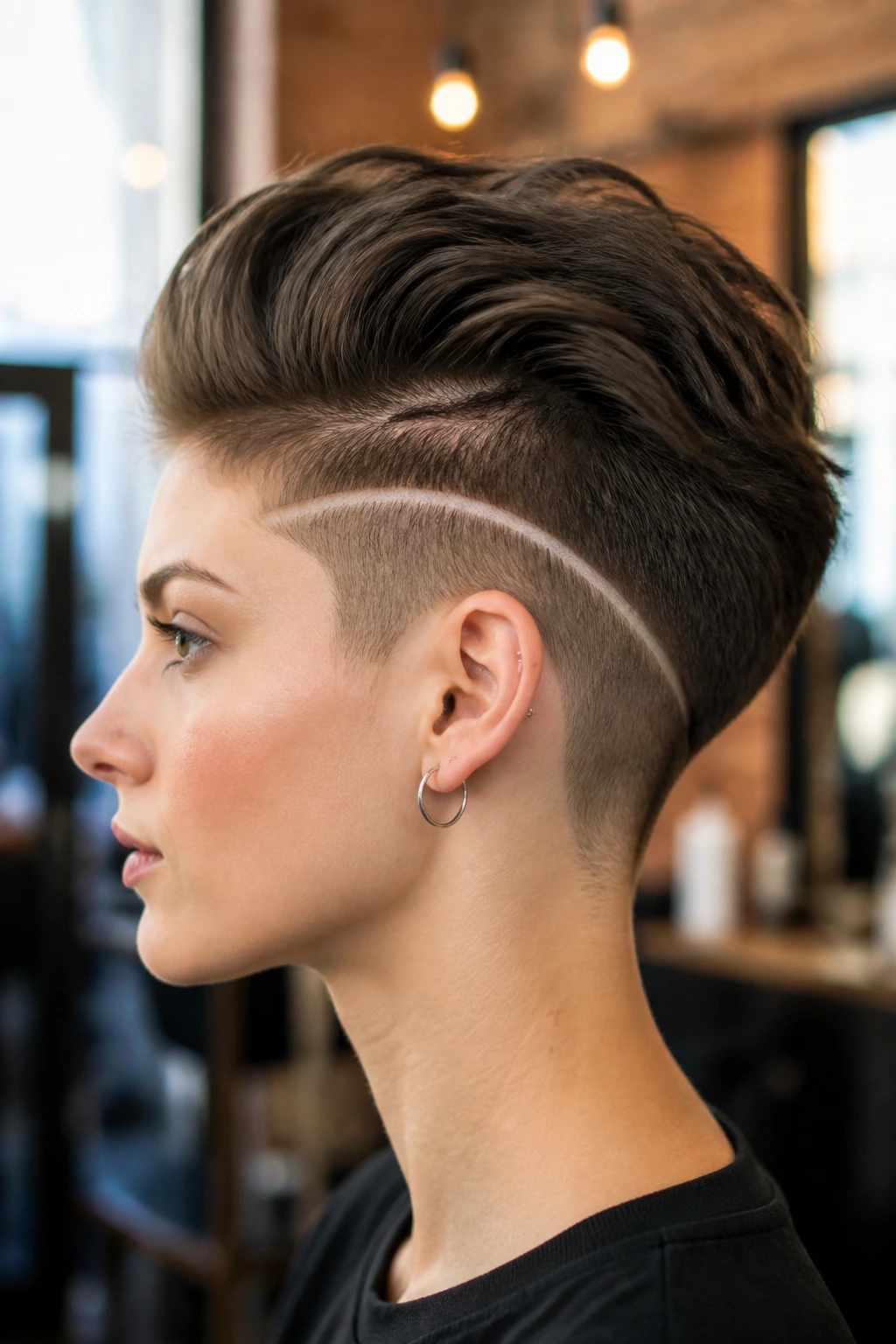 Close-up portrait of a real person with a curved arch undercut, soft integration with natural hair growth in a salon setting.