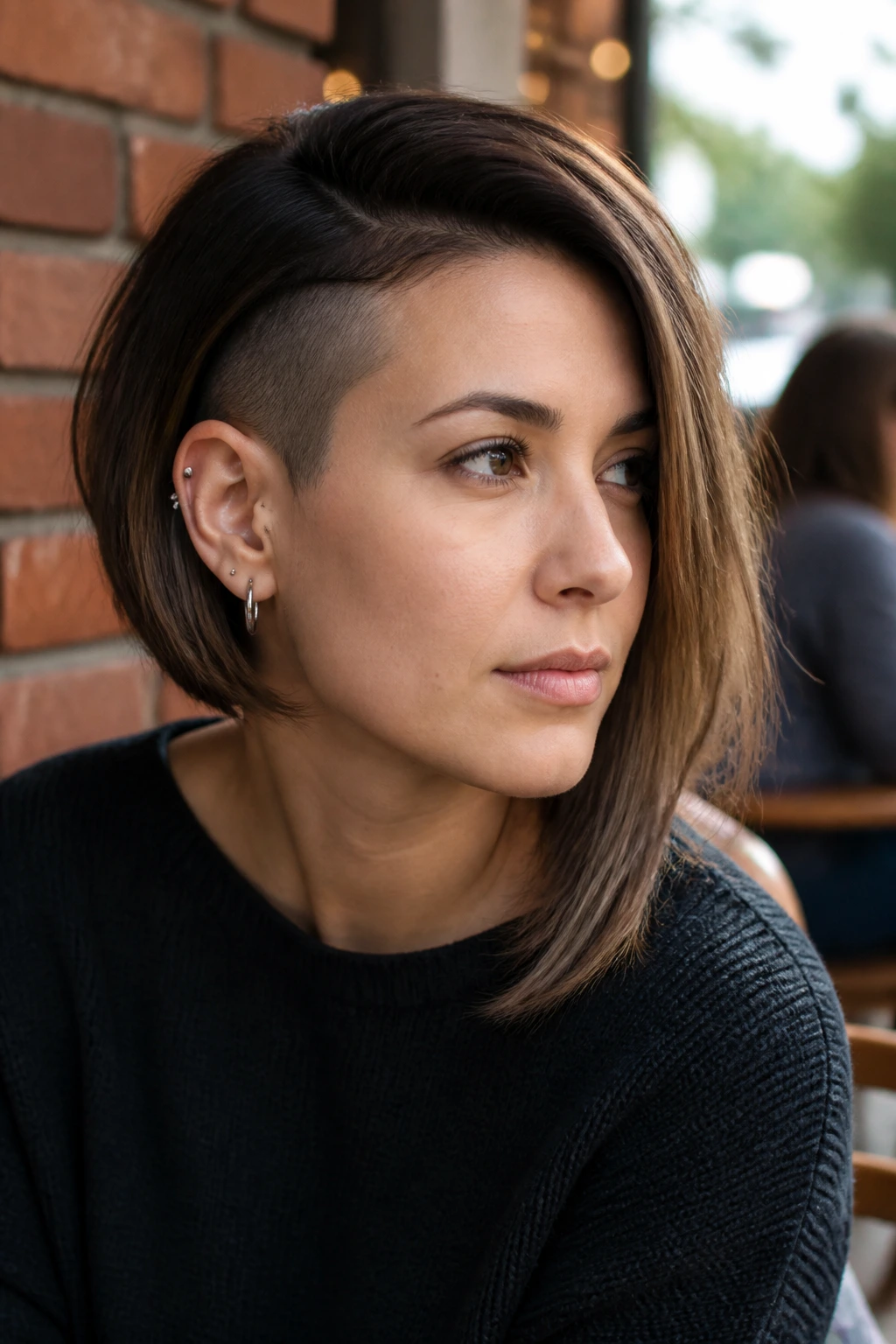 Close-up of a real person with an undercut asymmetrical bob showing the shaved side.
