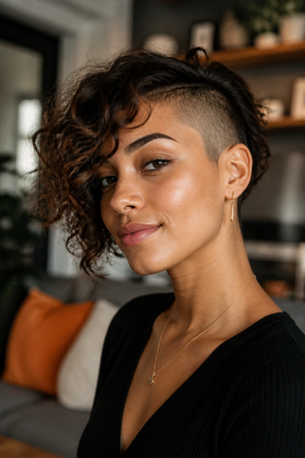 Close-up portrait of a woman with an asymmetrical undercut bob in a warm living room