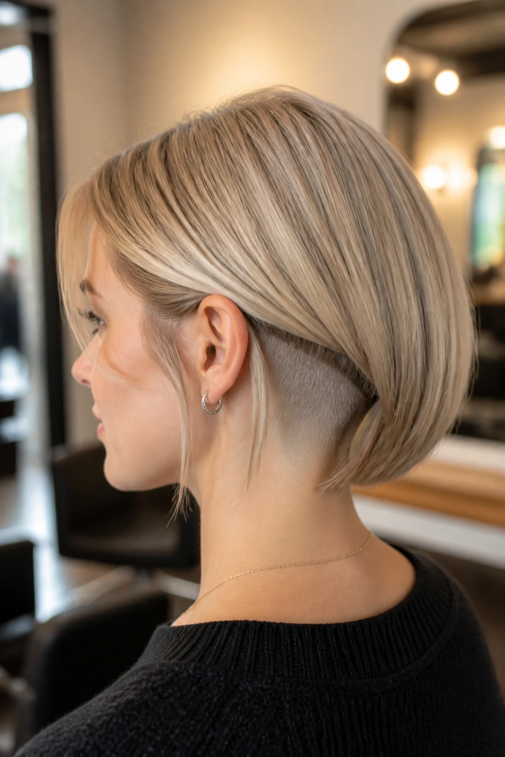 Close-up of a real woman with an undercut blonde bob, nape shaved and hair sleek at the neck.