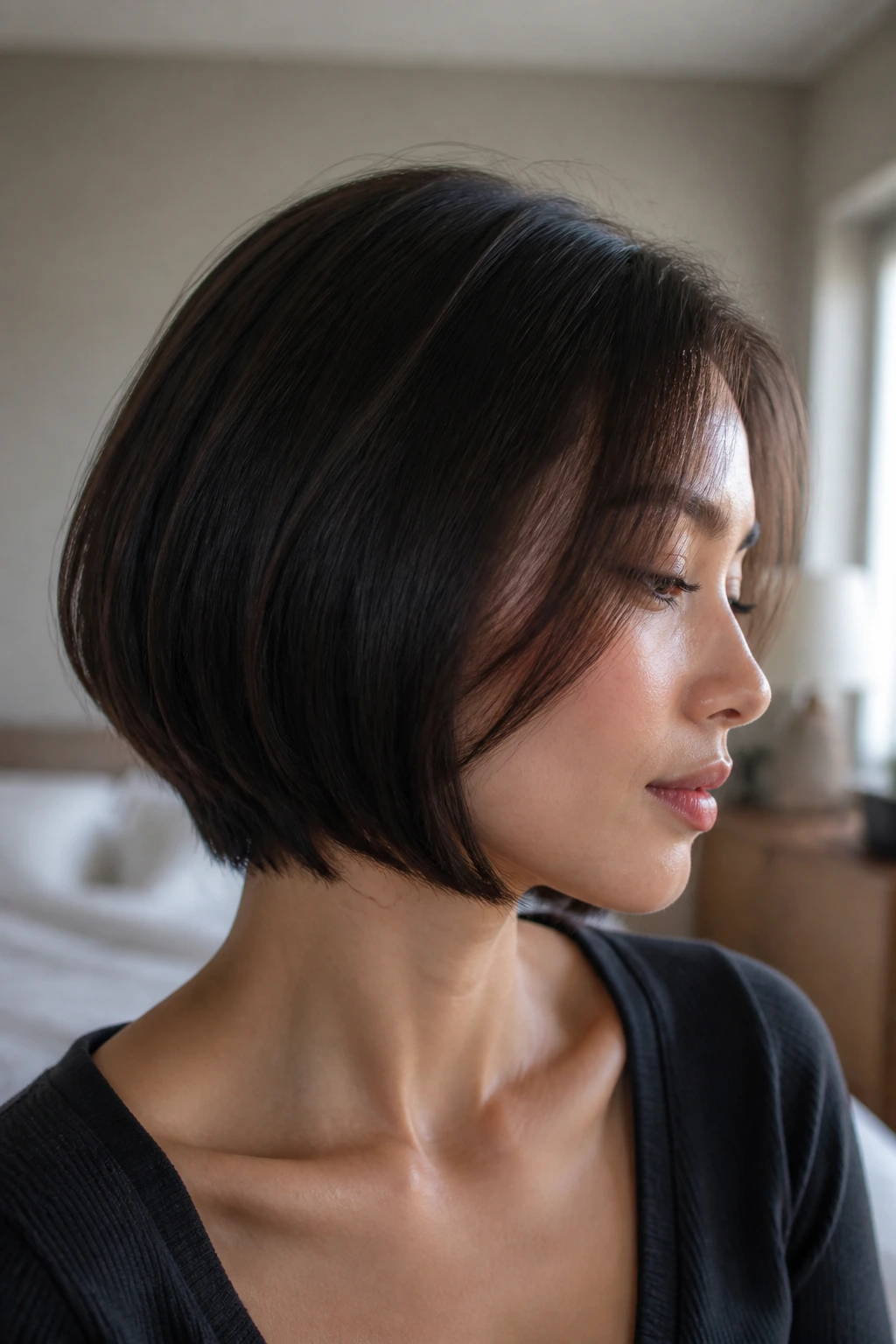 Close-up of a real woman with a chin-length bob and a hidden undercut
