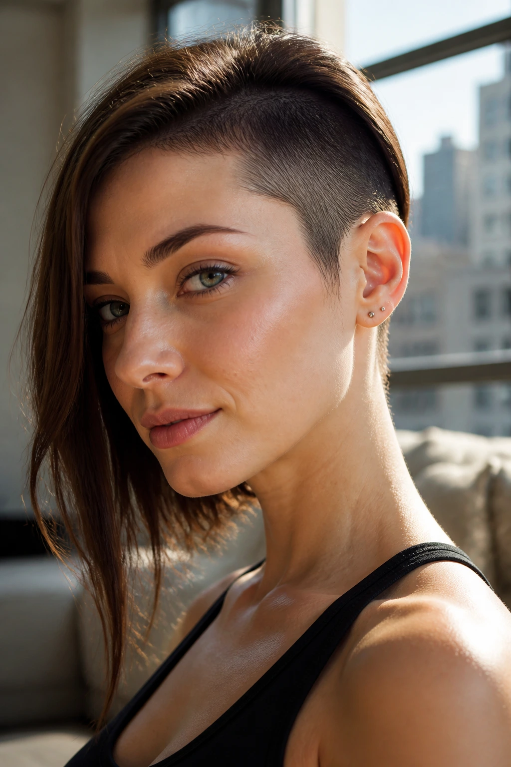 Close-up of a woman with an asymmetrical bob and shaved undercut