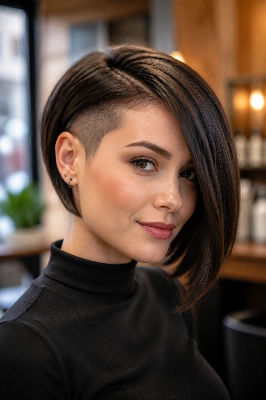 Close-up portrait of a woman with an undercut asymmetrical bob in a warm salon