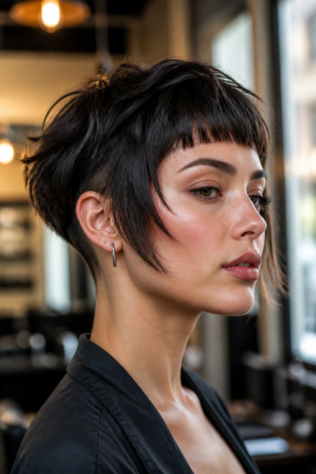 Real person with edgy undercut bob and short jagged bangs