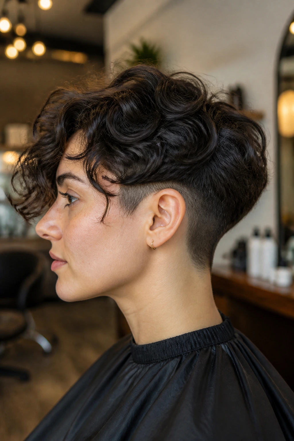 Side-profile of a real woman with an undercut at the nape and curly top