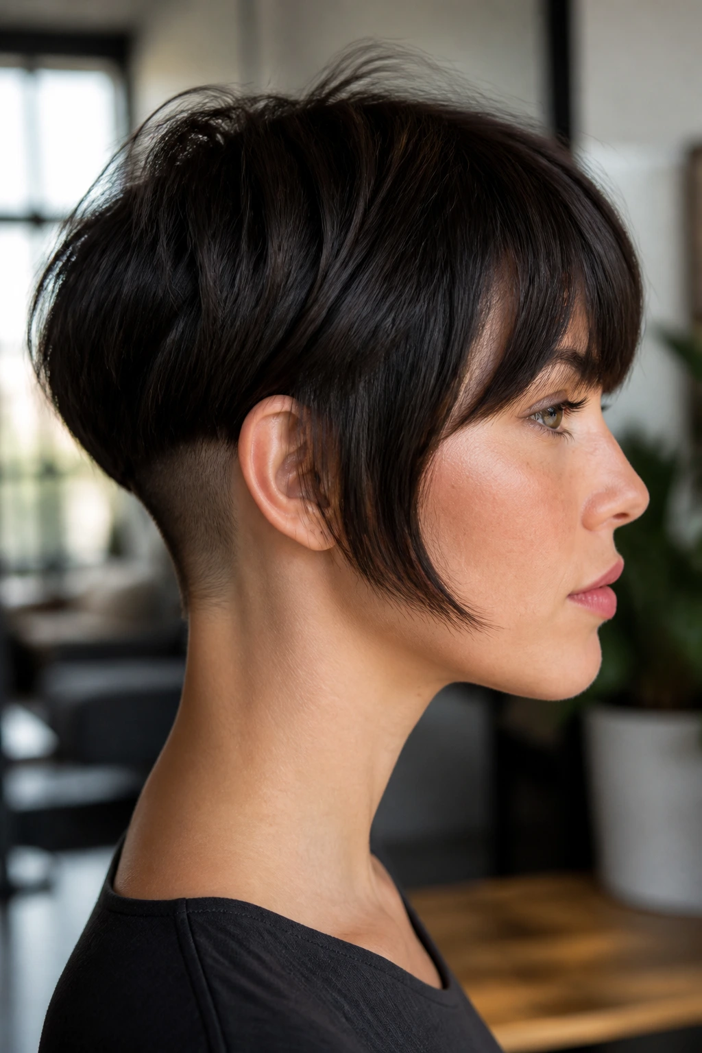 Profile of a woman with edgy undercut bob and fringe