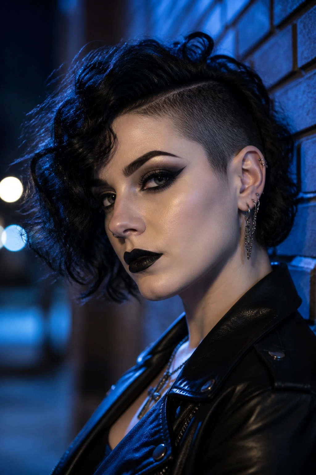 Close-up of a woman with an asymmetrical undercut bob in a night urban setting.