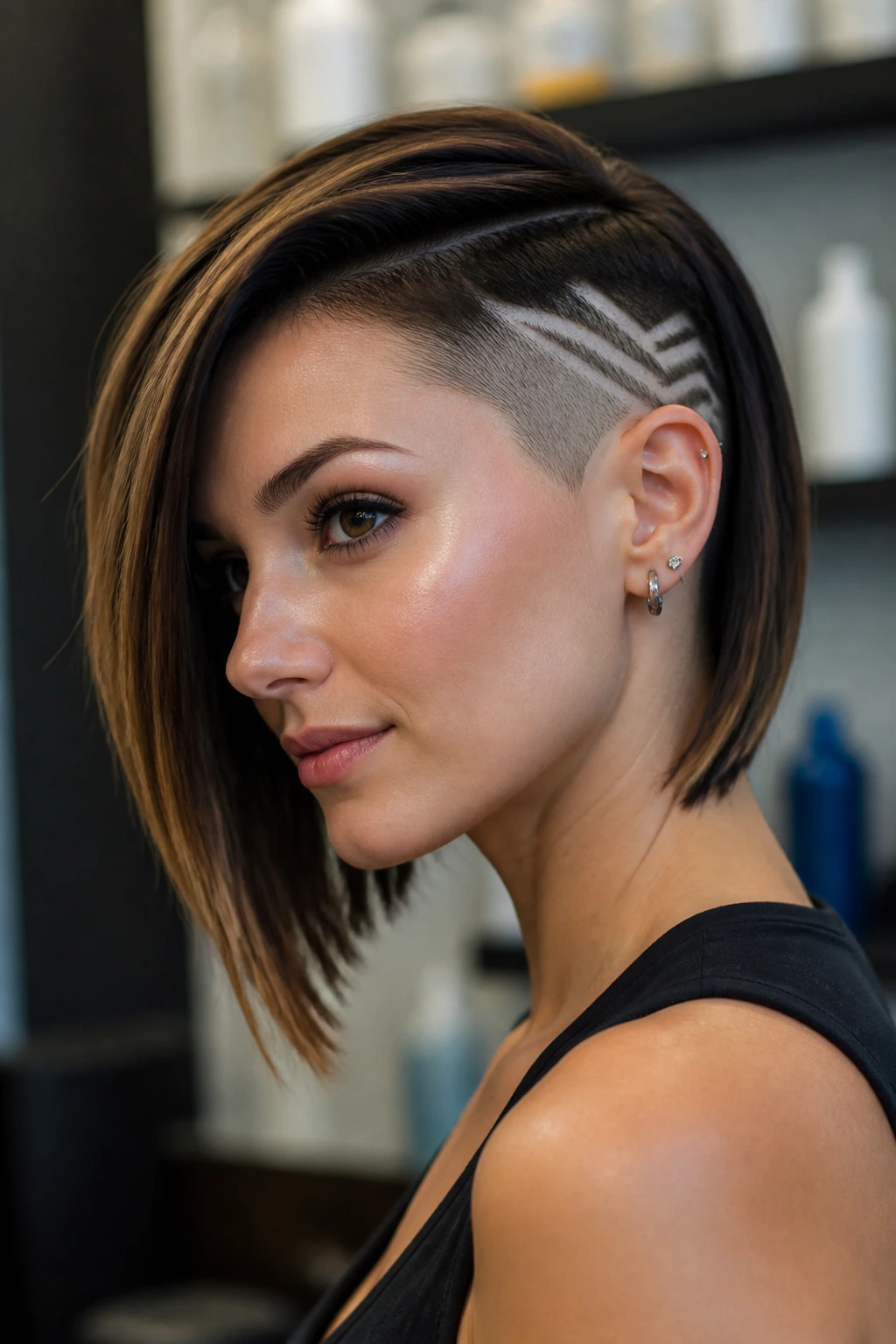 Close-up portrait of a real person with an undercut bob featuring a graphic design
