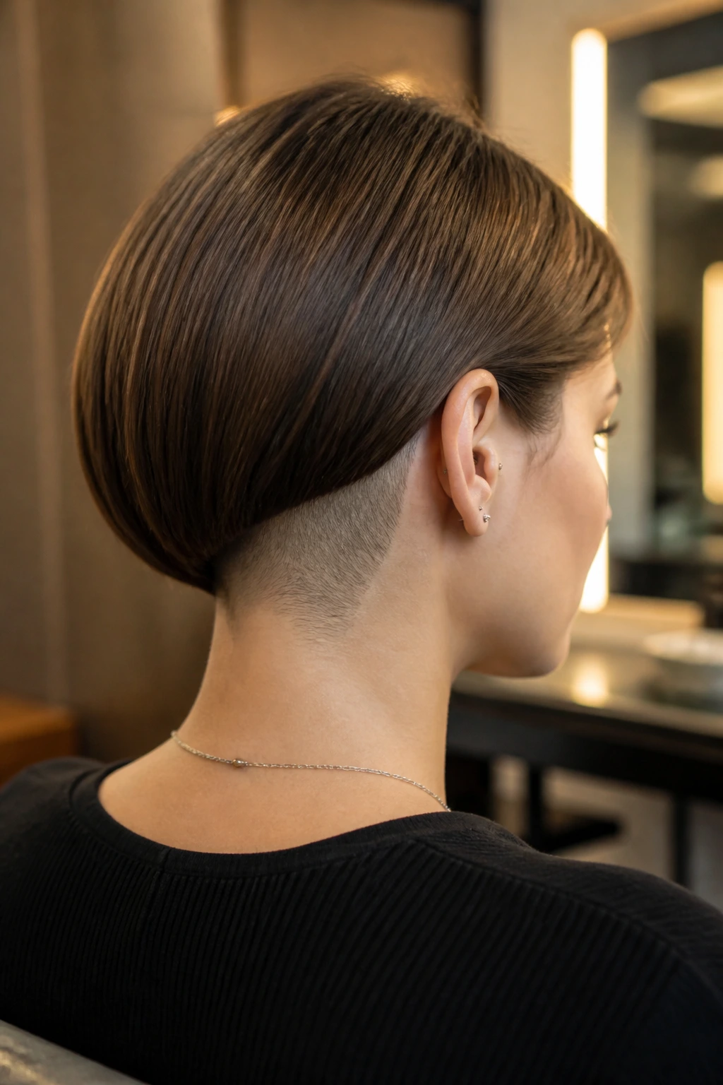 Portrait of real person with under-cut bob showing shaved nape under longer top layers