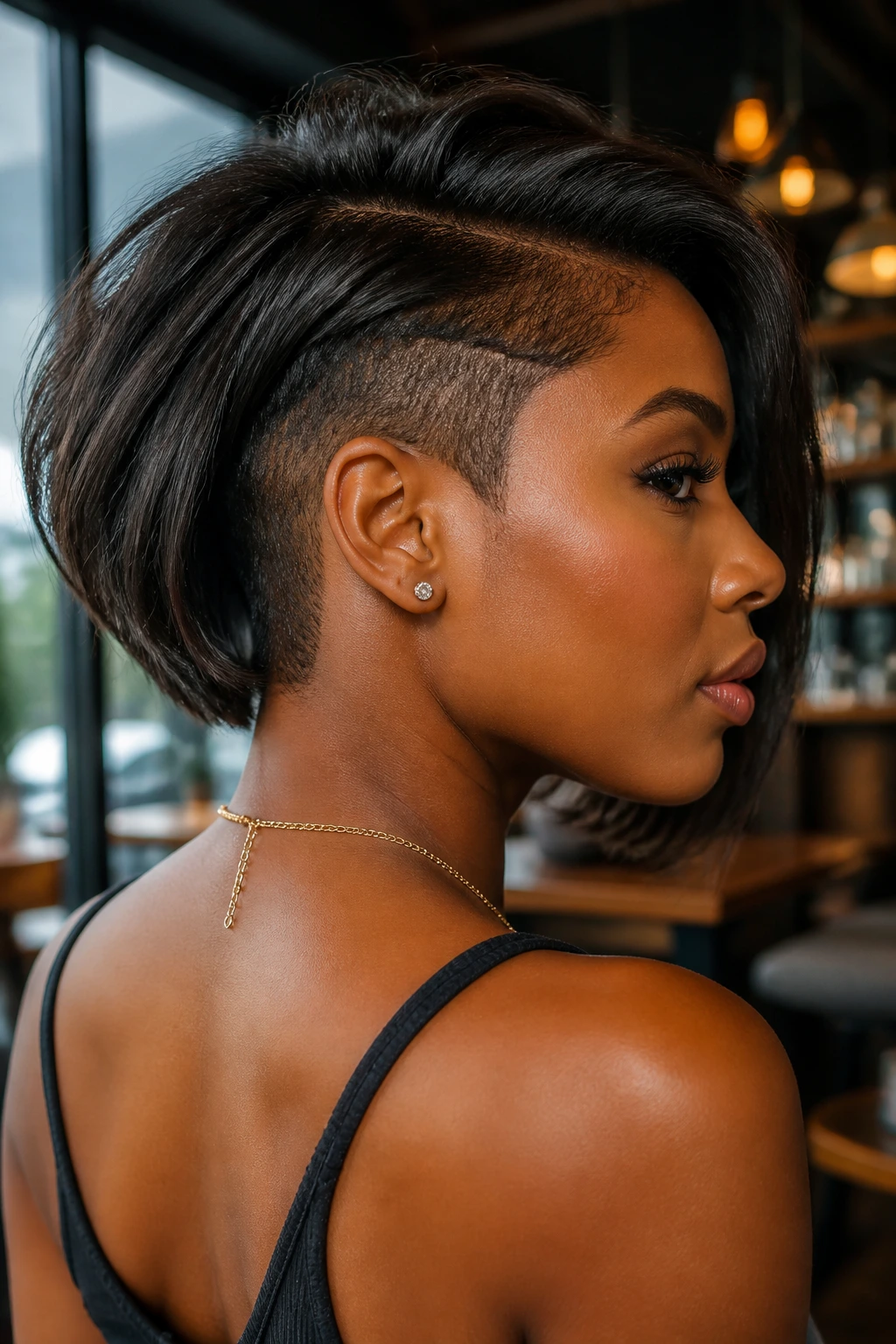 Portrait of a person with an undercut bob in cafe lighting