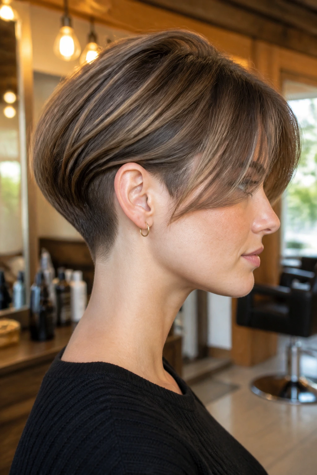 Side-profile of real woman with undercut bob and curtain bangs in a salon