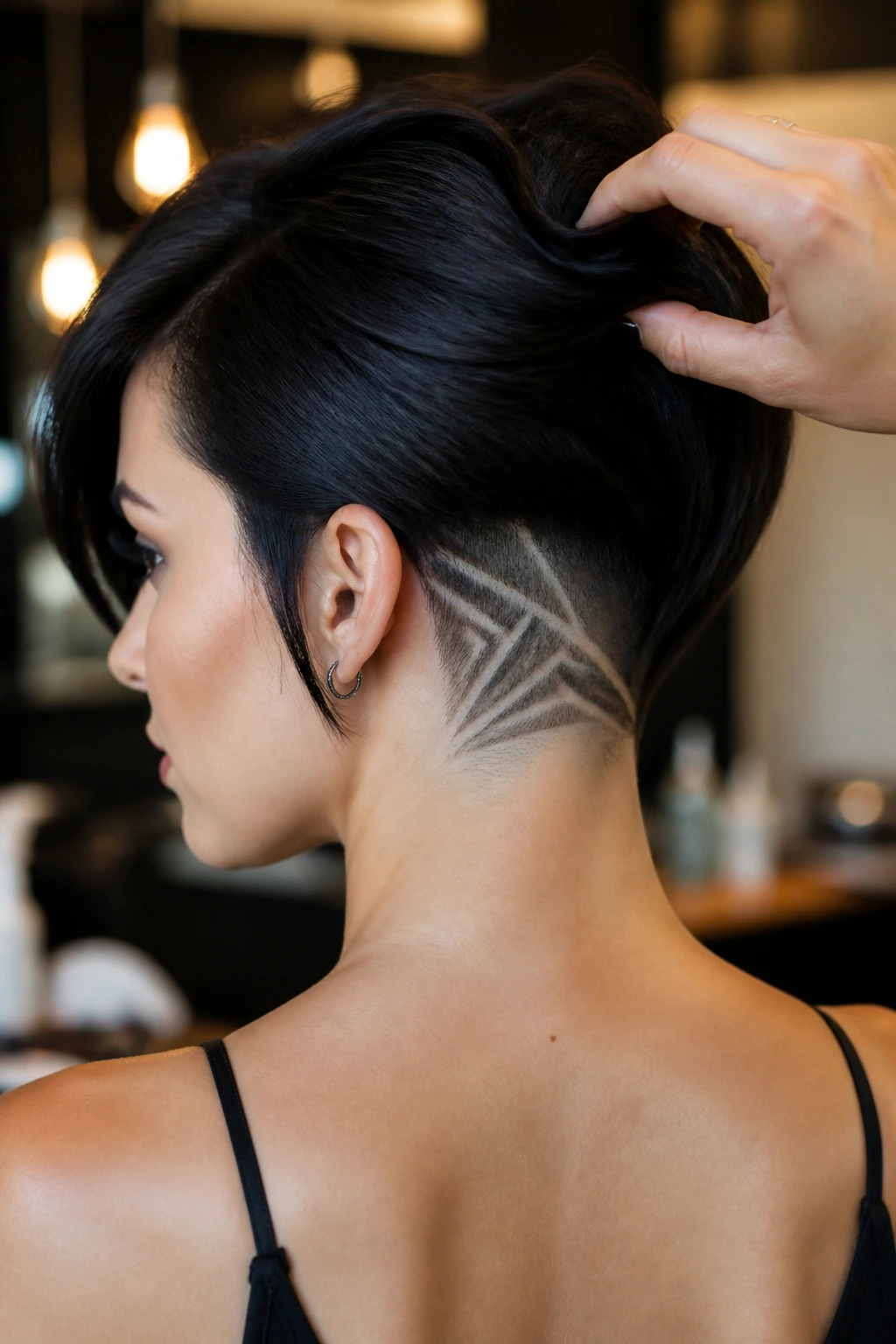 Close-up portrait of a real person with an undercut bob featuring a shaved nape design, in a warm salon.