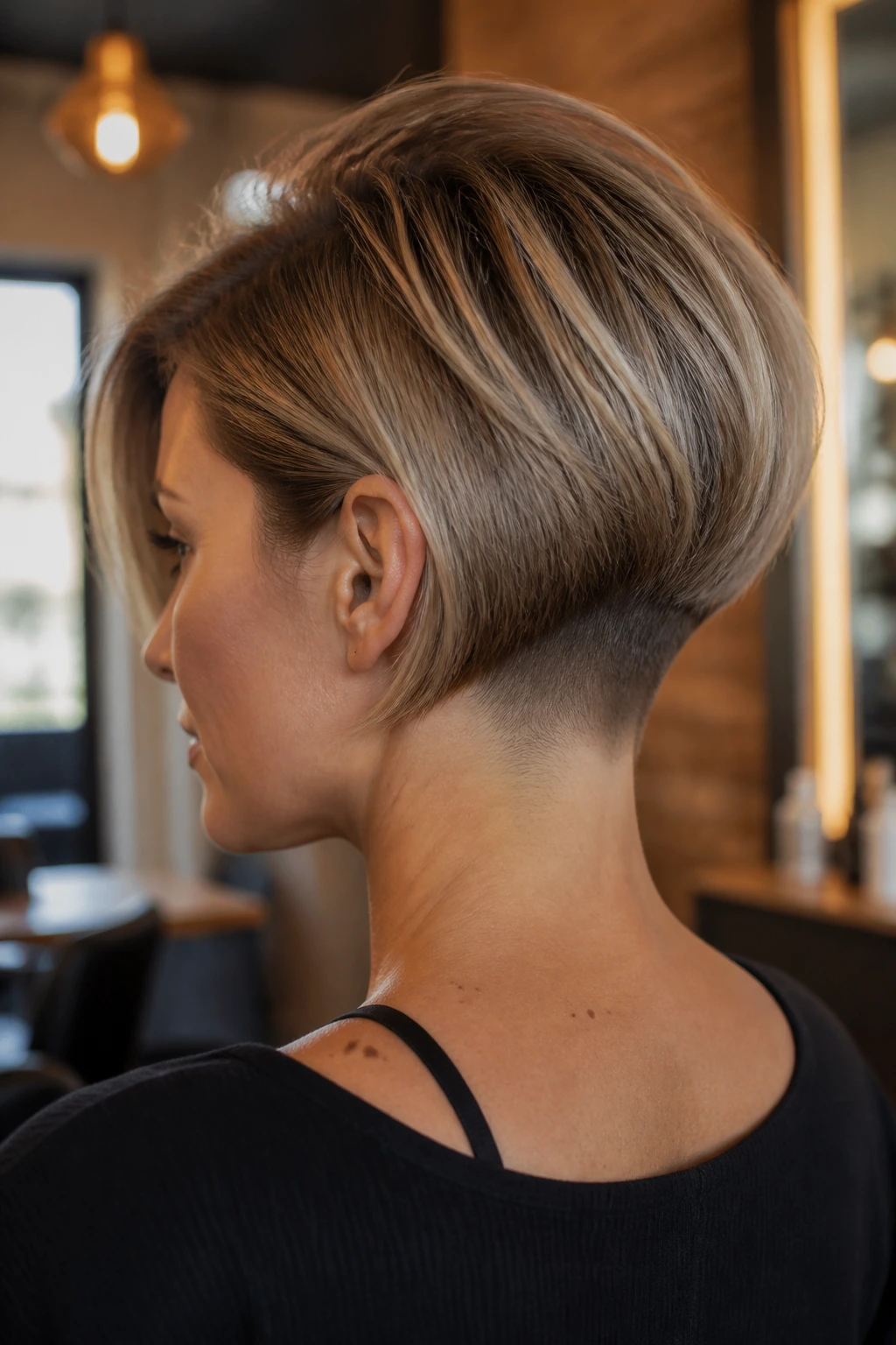 Close-up portrait of a real person with an undercut at the nape of the neck in an undercut bob