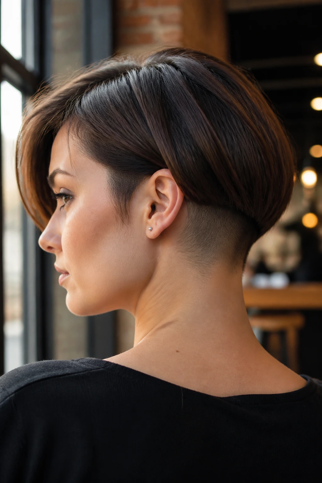 Close-up of a real woman with a nape undercut visible at the back