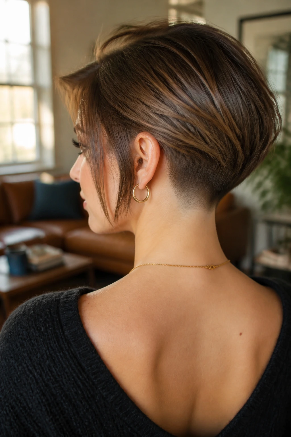 Back view of a real person with an undercut at the nape hidden by longer hair.
