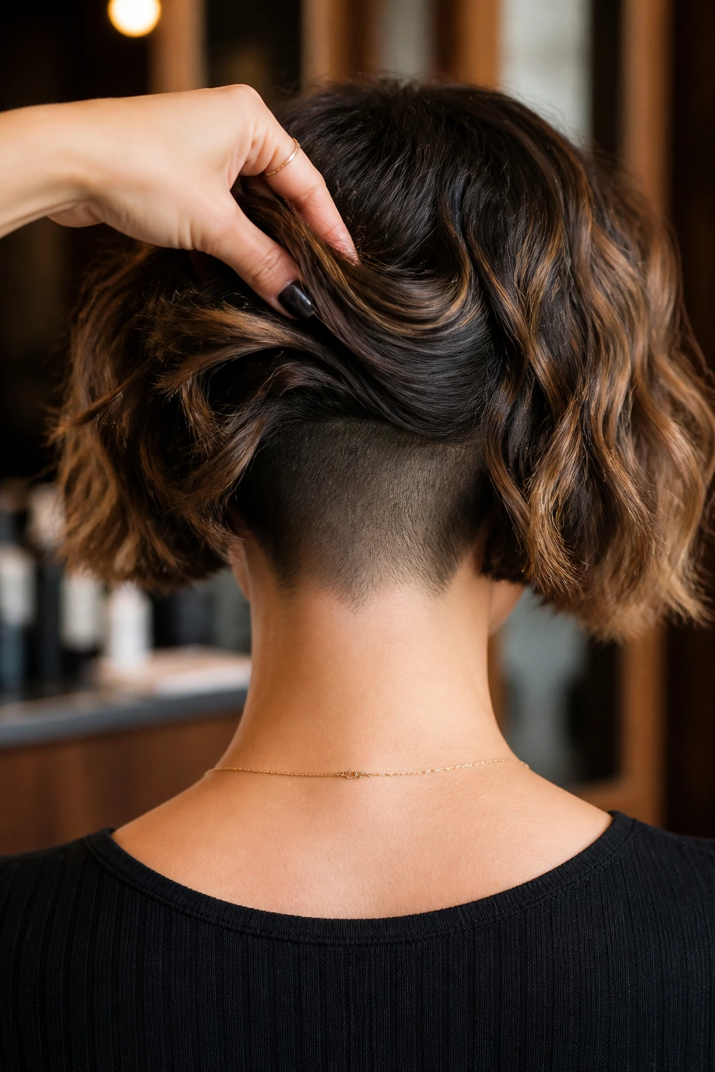 Rear view of real woman with hidden undercut in nape, waves visible above.