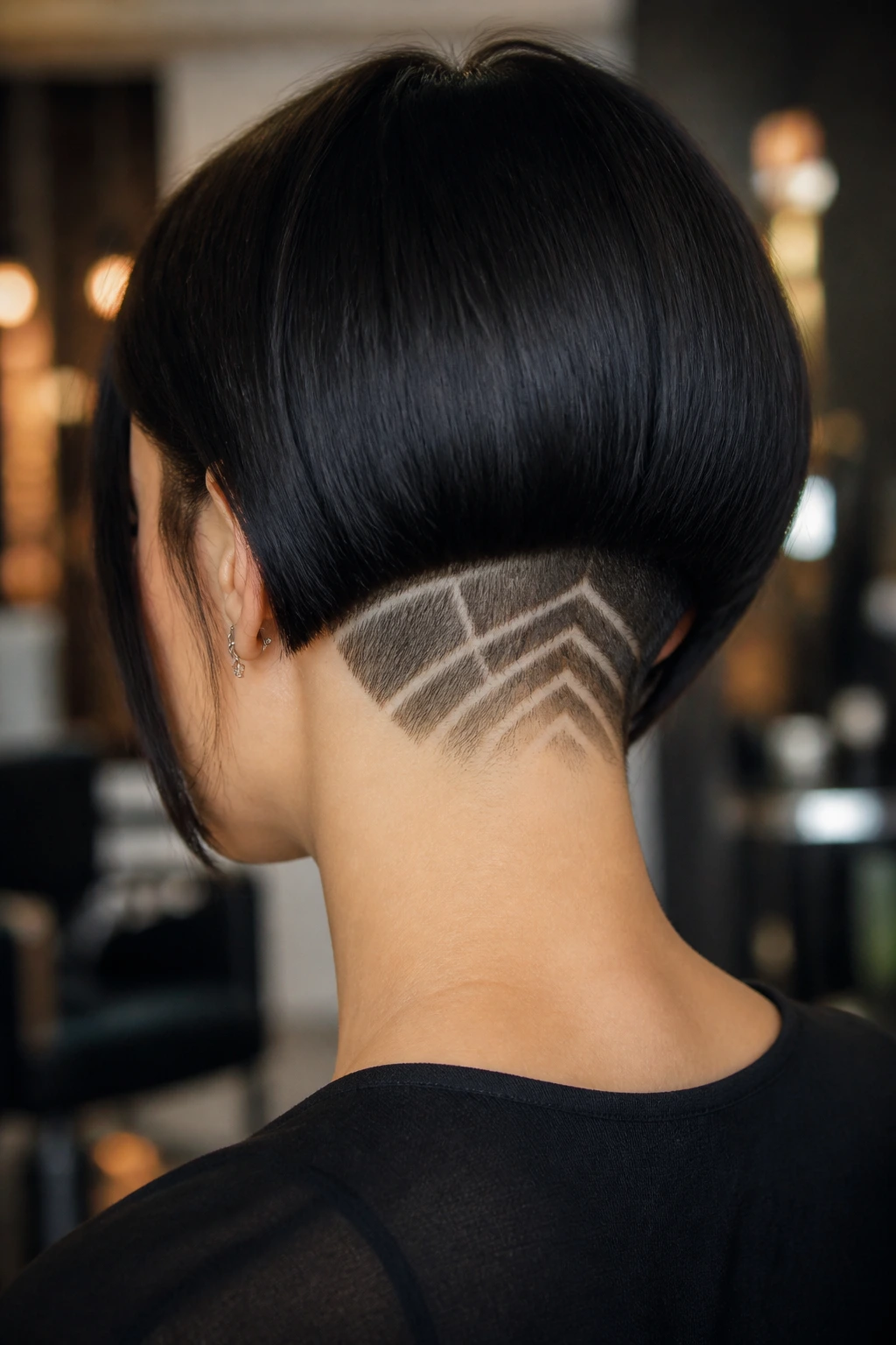 Close-up of a real person with a geometric shaved pattern at the nape of an undercut bob in a salon.