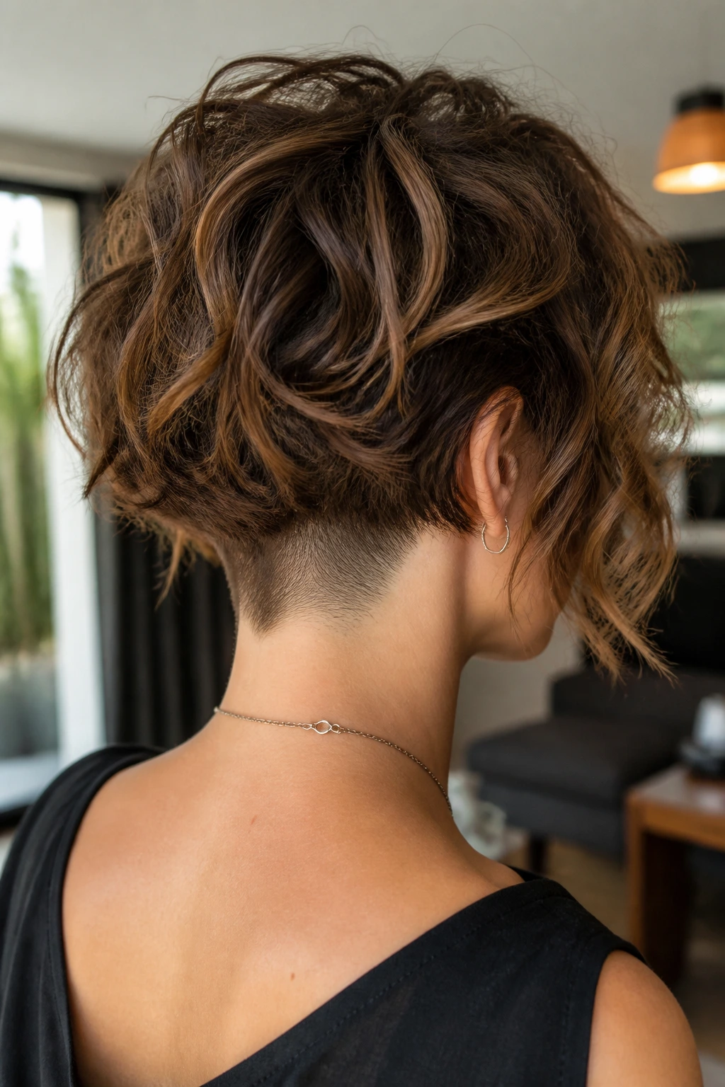Back-three-quarter view of a real woman with a piecey undercut bob