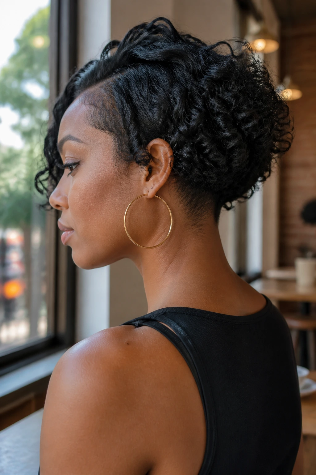 Side-profile of a real woman showing an undercut at the nape beneath the top layer of a bob