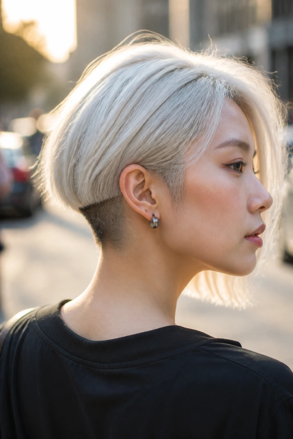 Portrait of Asian woman with undercut bob and shaved nape white hair