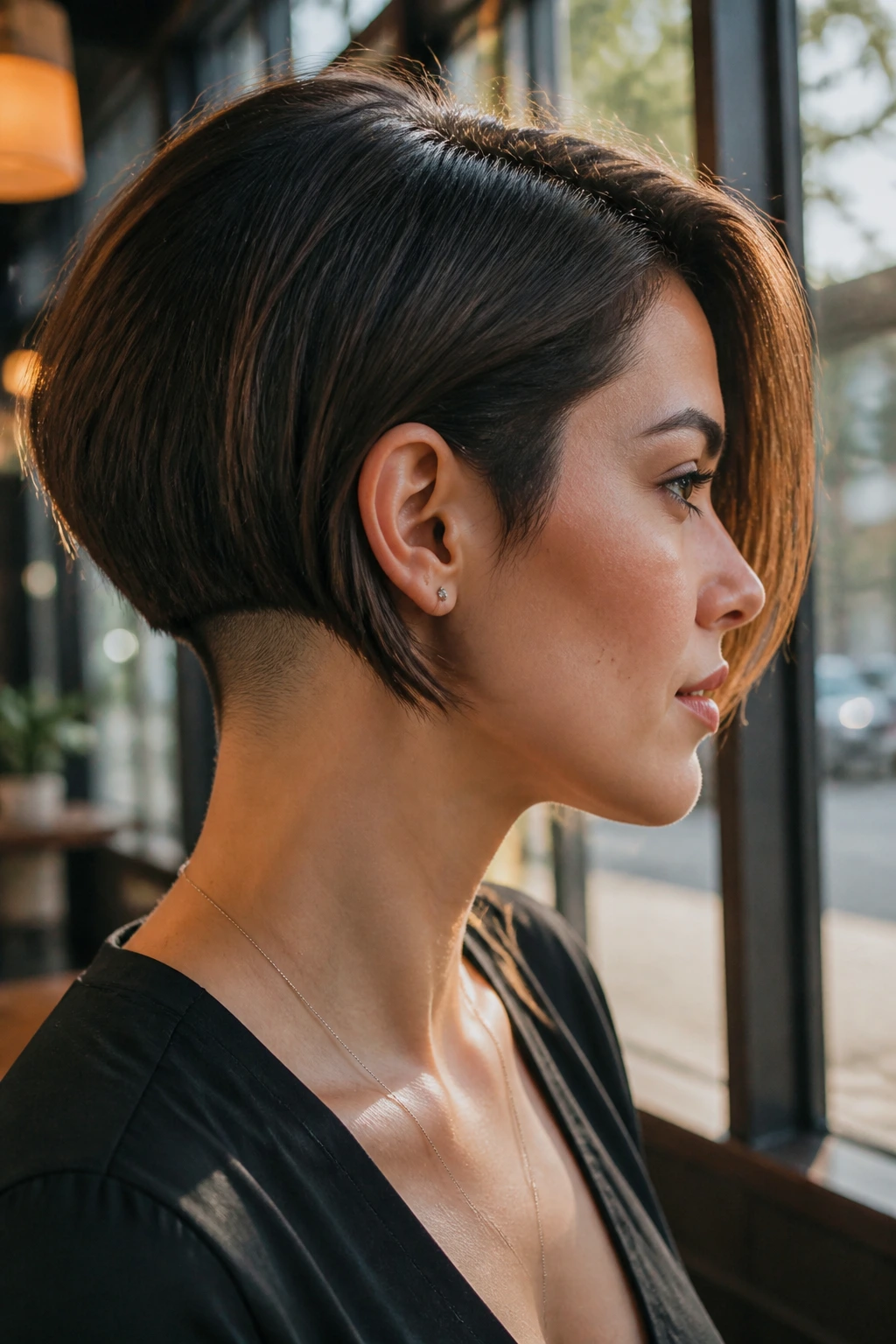 Close-up of a real woman with an undercut bob showing a shaved nape under longer top layers, natural window light.