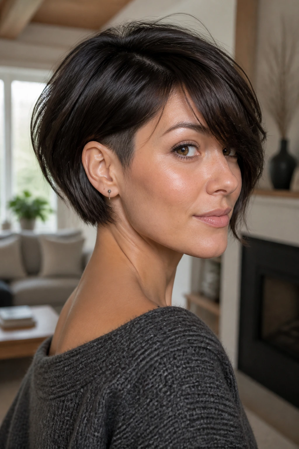 Real woman with undercut bob and side-swept bangs in natural light.