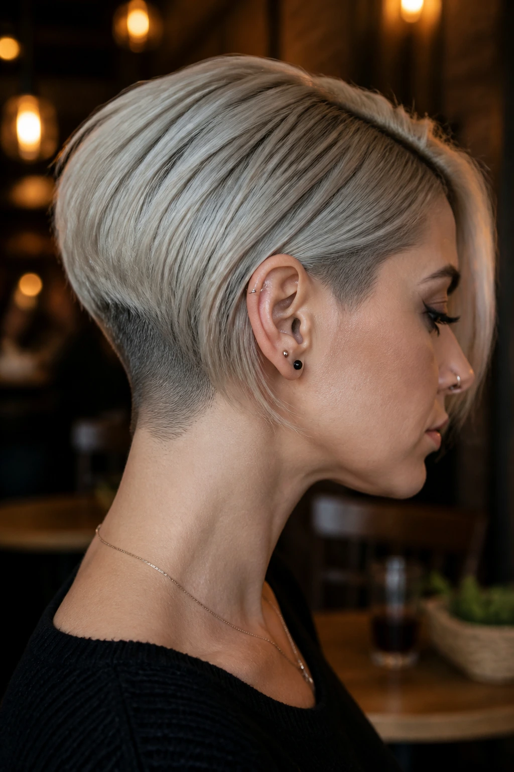 Profile view of a real woman with an edgy undercut bob in silver blonde