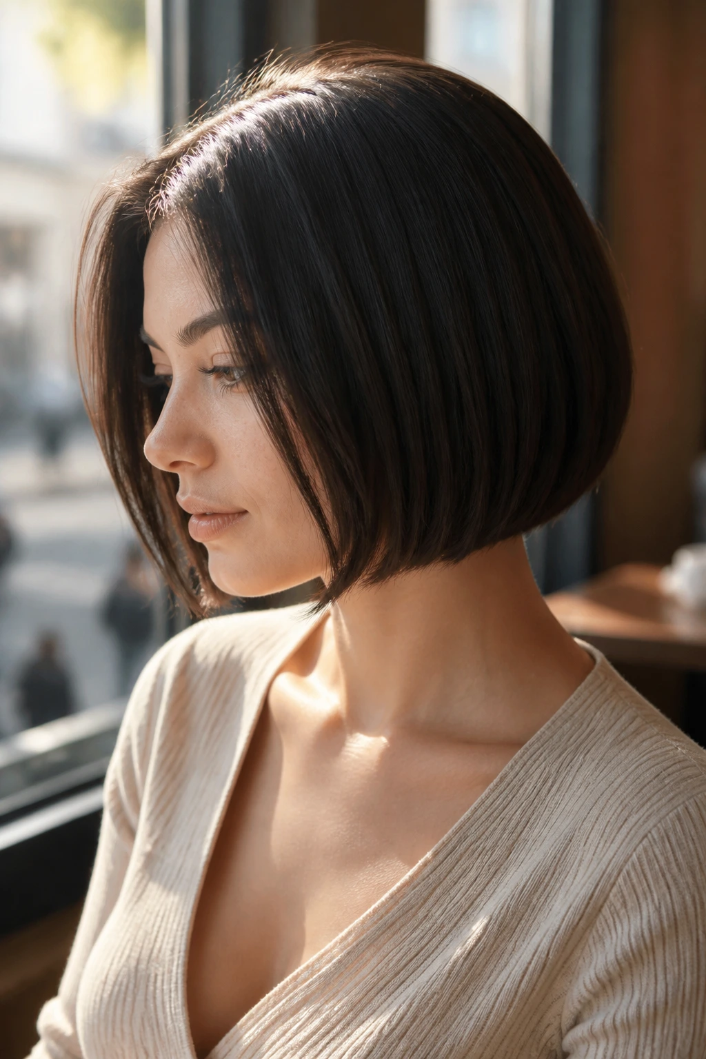Close-up of a real woman with Hidden Undercut Bob, undercut hidden by bob in cafe light