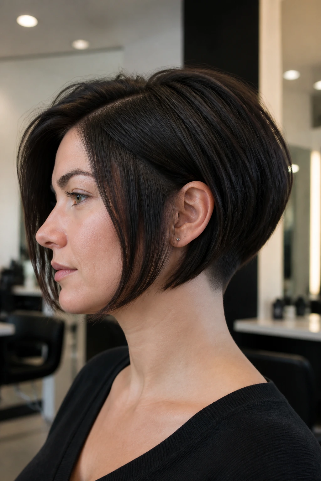Close-up of a real woman with an undercut bob at the nape for thick hair