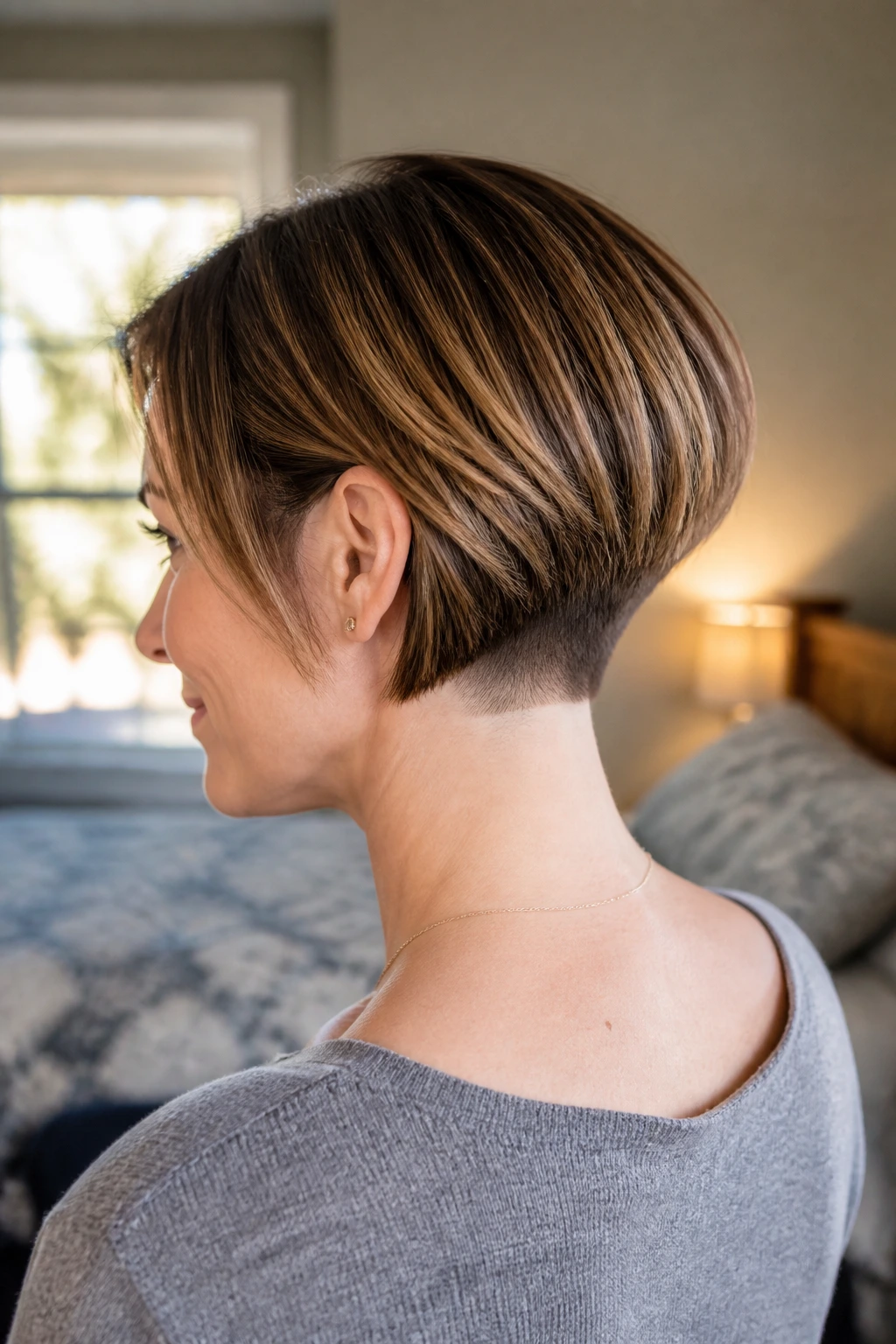 Close-up portrait of a real woman with an undercut at the nape and a bob, in warm natural light.