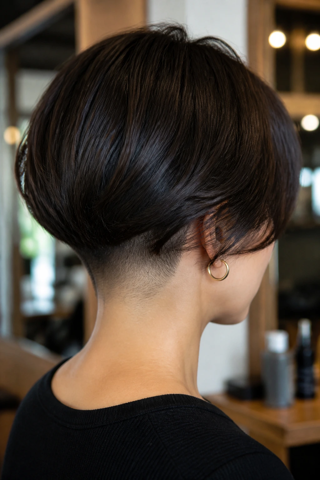 Back view close-up of a real person with an undercut bob, shaved nape in a salon.