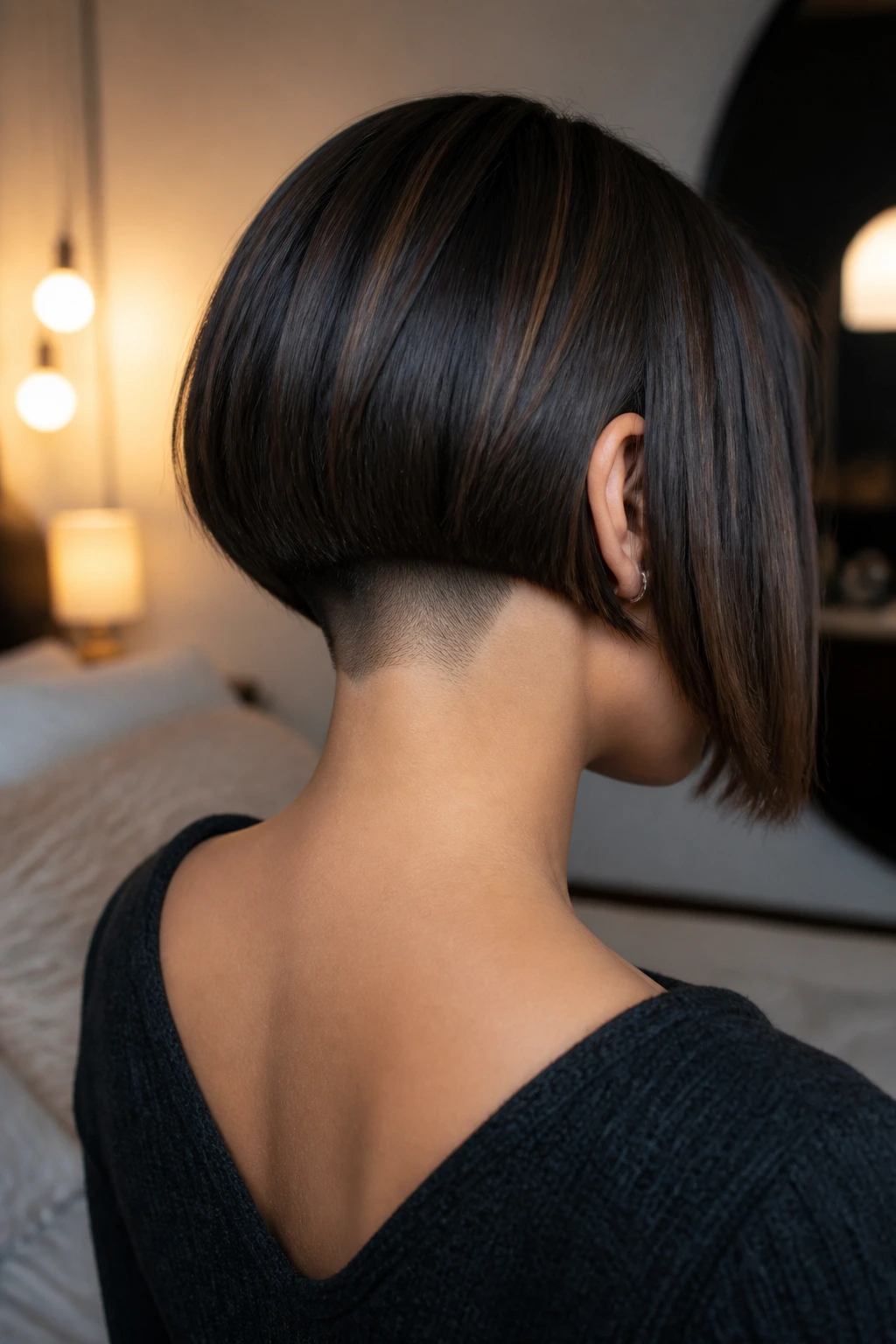 Rear three-quarter view showing a long bob transitioning from an undercut at the nape.