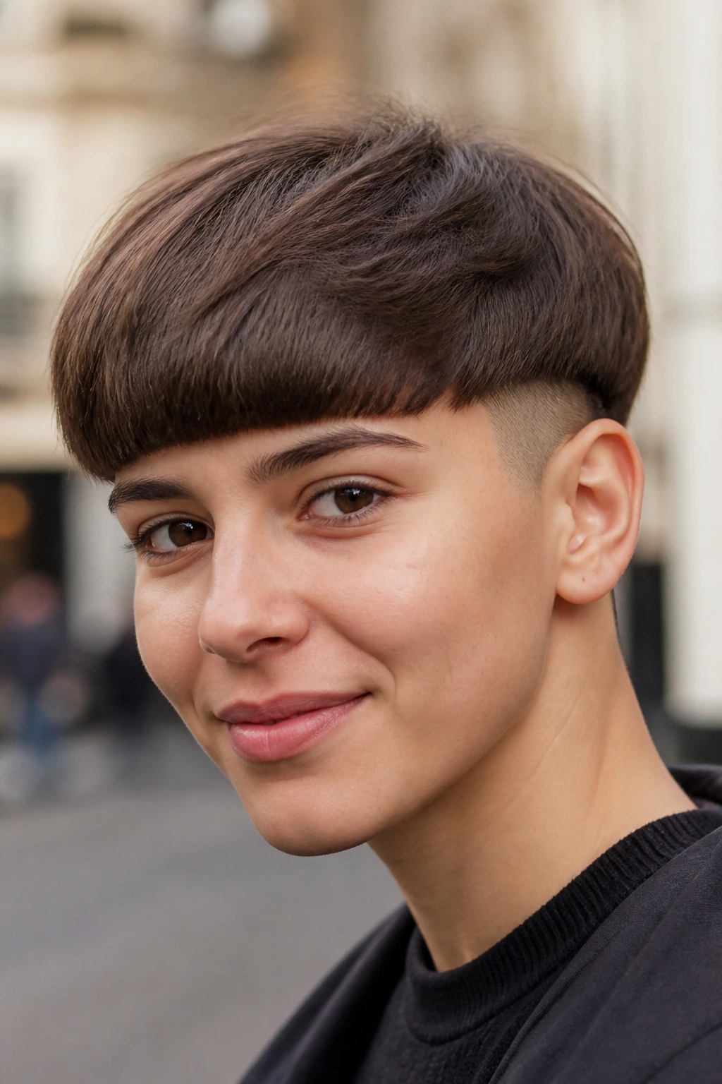 Portrait of a person with an undercut bowl cut