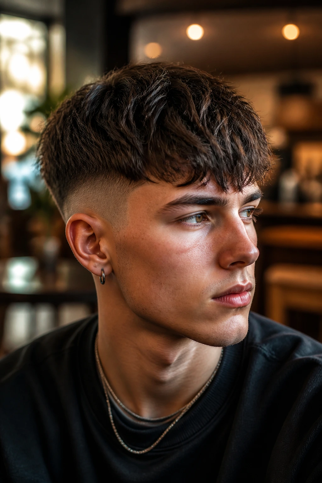 Close-up of a real person with a textured undercut bowl cut